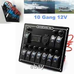10Gang 12V Car RV Trailer Boat Rocker Switch Panel Circuit Breaker LED Voltmeter