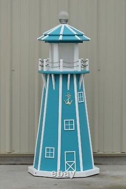 4' Octagon Electric and Solar Powered Poly Lighthouse, Aruba Blue/White Trim