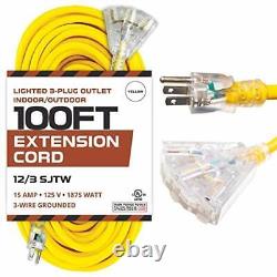 E 100ft Outdoor Extension Cord Lighted With 3 Electrical Power Outlets 12/3 Gaug