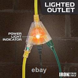 E 100ft Outdoor Extension Cord Lighted With 3 Electrical Power Outlets 12/3 Gaug