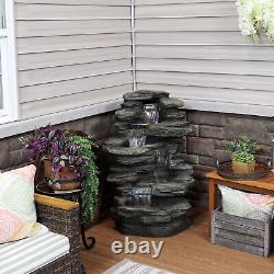 Electric Stacked Shale Water Fountain with LED Lights 38 in by Sunnydaze