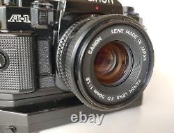 Excellent Canon A-1 Camera w FDn 50mm 1.8 Lens, Power Winder, Data Back, Cap