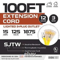 Lighted Outdoor Extension Cord with 3 Electrical Power 100 Foot, Yellow